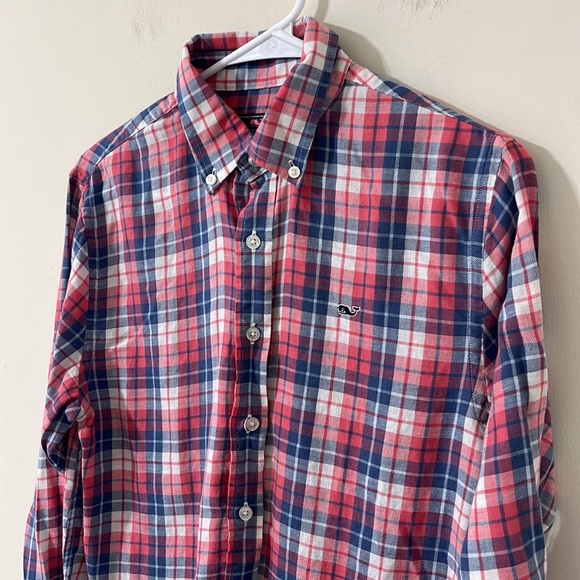 Vineyard Vines Boy’s Linen Blend Red White Blue Plaid Button Down Whale Shirt XL - Picture 4 of 11